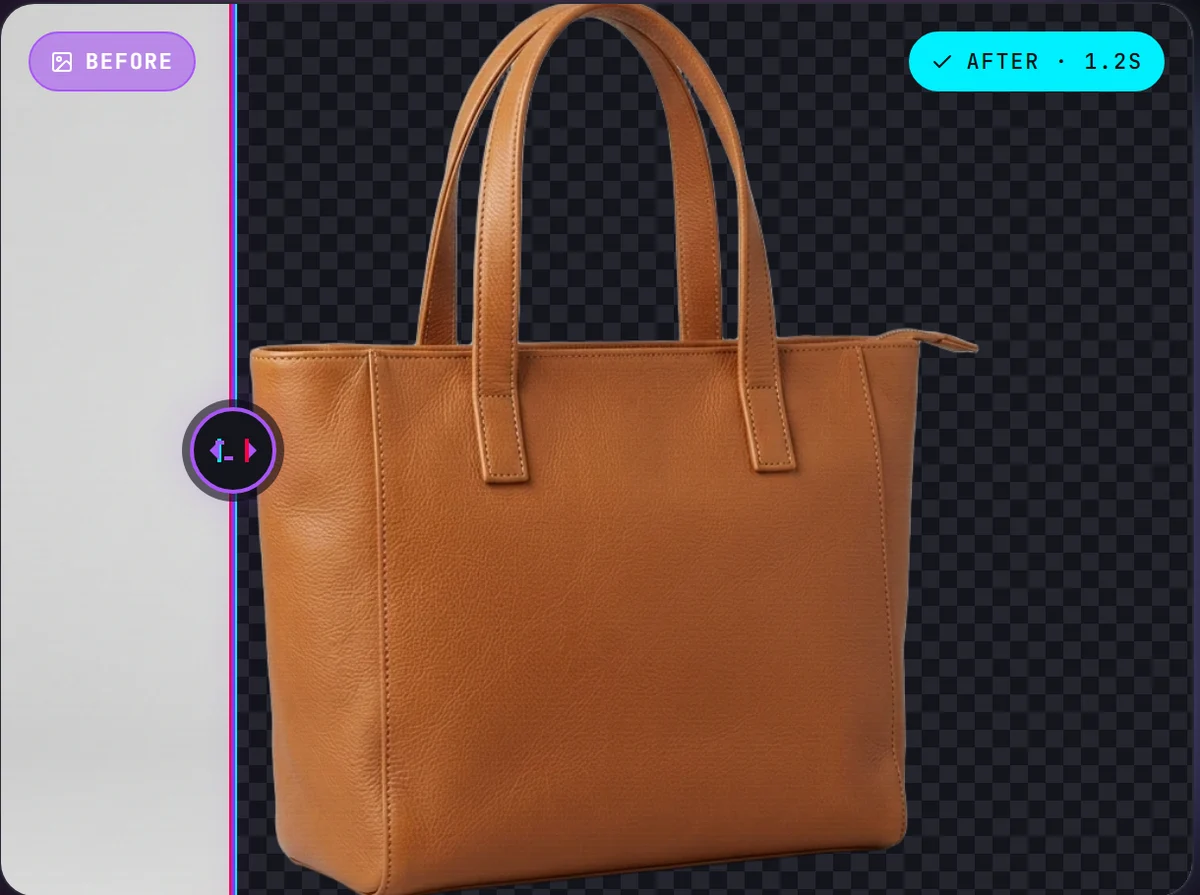 Leather bag photo: the original with a grey background on the left, the background removed on the right